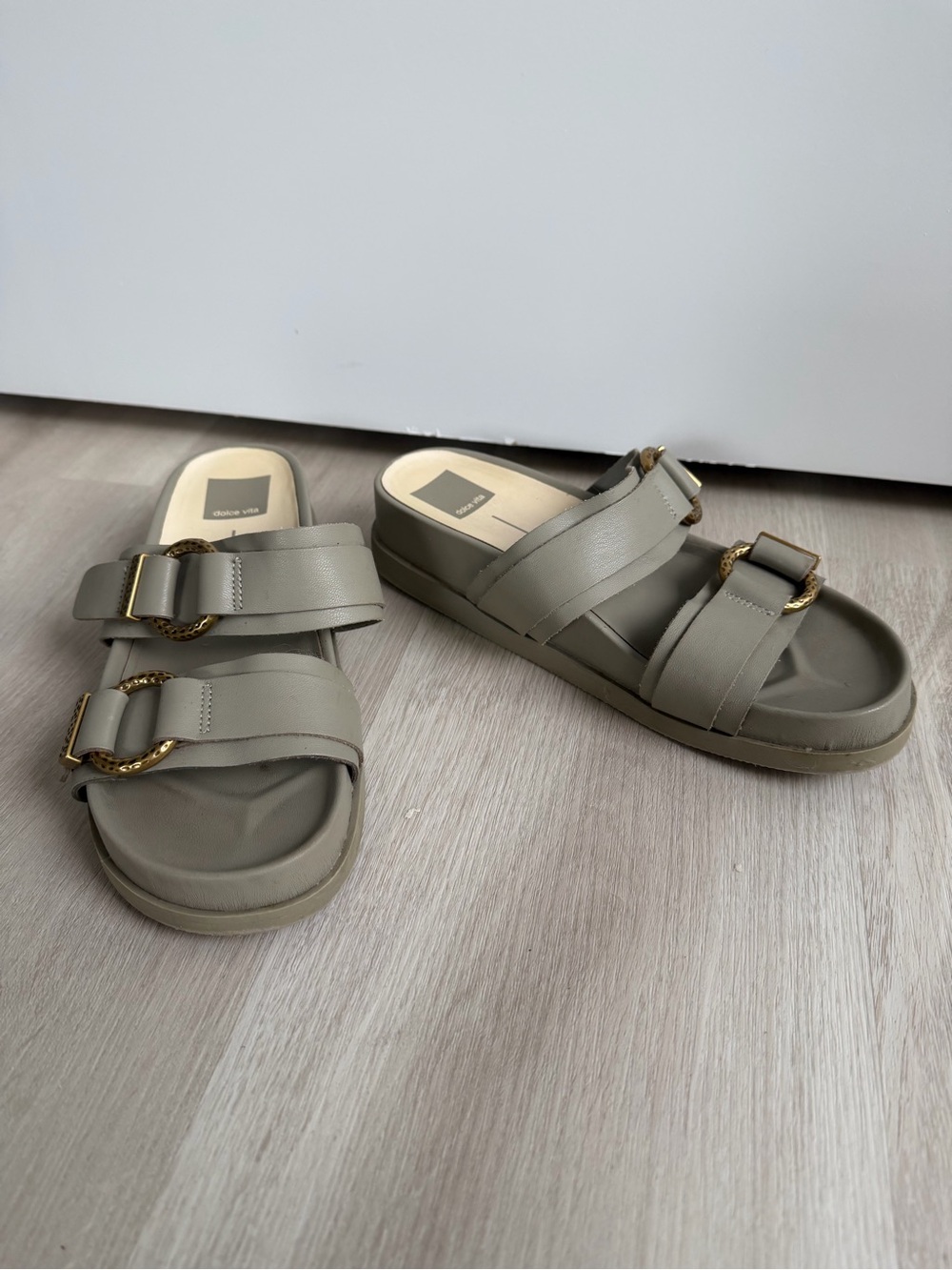 Dolce Vita Double-Buckle Slide Sandals in Sage Green with Gold Buckles